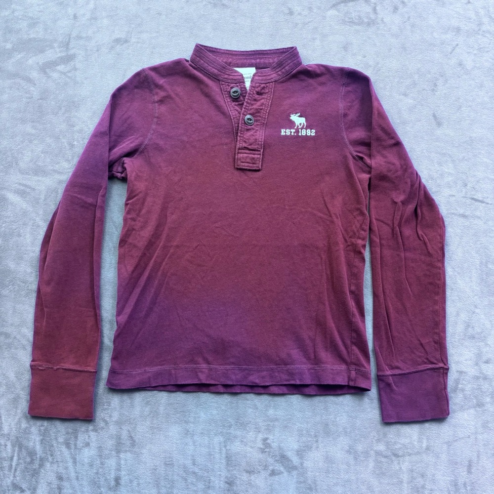 Abercrombie Kids Boys Large Burgundy Maroon Long Sleeve Henley Shirt Moose Logo